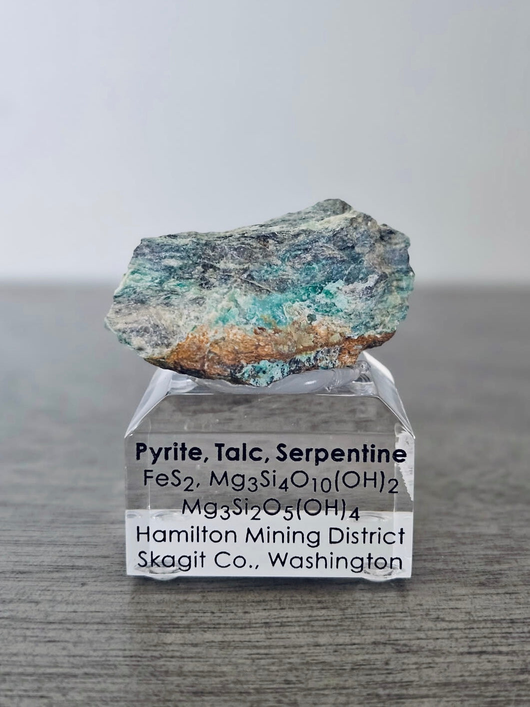Pyrite, Talc & Serpentine (Self-find, Analyzed) | Acrylic Mineral Display