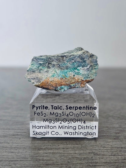 Pyrite, Talc & Serpentine (Self-find, Analyzed) | Acrylic Mineral Display