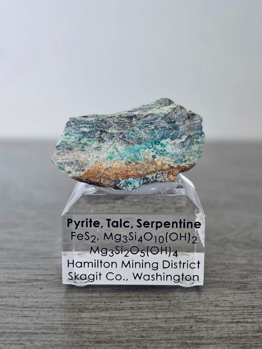 Pyrite, Talc & Serpentine (Self-find, Analyzed) | Acrylic Mineral Display