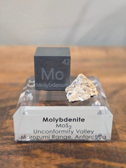 Molybdenite (Antarctica, GANOVEX I) & Molybdenum Metal Density Cube | Rare Mineral Display