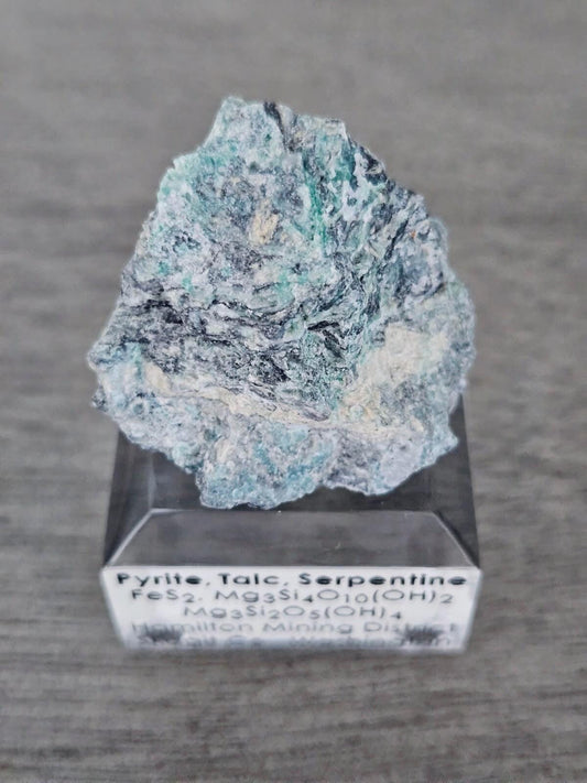 Pyrite, Talc & Serpentine (Self-find, Analyzed) | Acrylic Mineral Display
